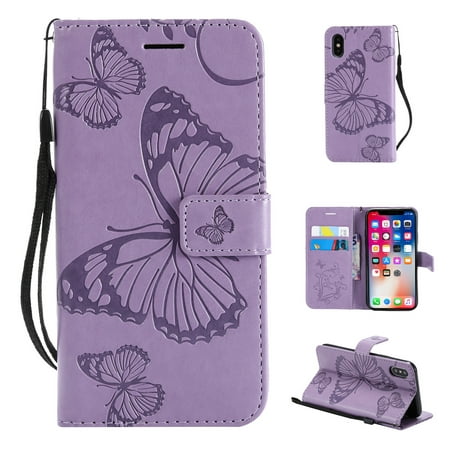 iPhone XS Wallet Case, iPhone X Case, Dteck Embossed Butterfly Magnetic Flip PU Leather Folio Stand Case Cover Built-in Card Slots & Money Pocket, with wrist Strap, For Apple iPhone XS/X, Purple