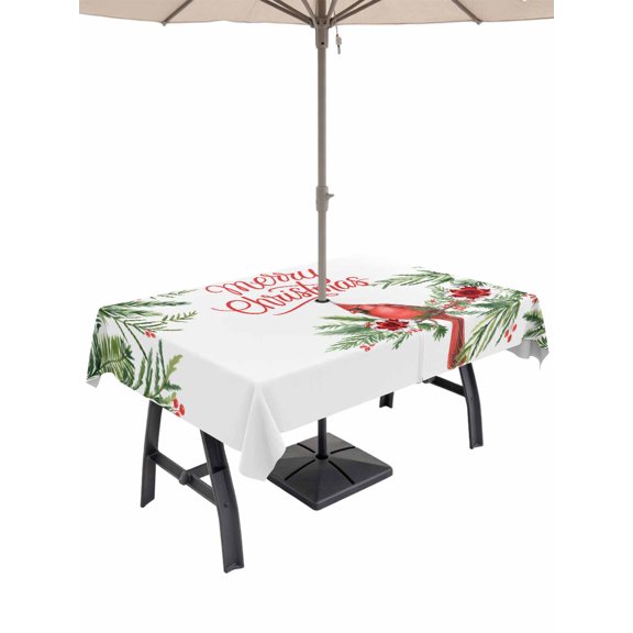 Outdoor Tablecloth with Umbrella Hole and Zipper, Christmas Cardinal Rectangle Table Cloth 60x84 Inch Waterproof Tablecloth, Xmas Winter Watercolor Pine Flower Berry Picnic Table Cover for Patio