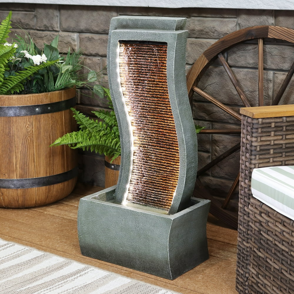 Sunnydaze Contemporary Curves Resin Outdoor Fountain with LED Lights
