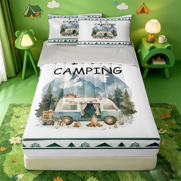 catabedysis Watercolor Camping Zipper Twin Comforter Sets with Fitted Sheet and 2 Pillowcases,Camper Mountain Print Zipper Bedding Set For Boys,Multicolor,Light Gray Reversible,4-Piece