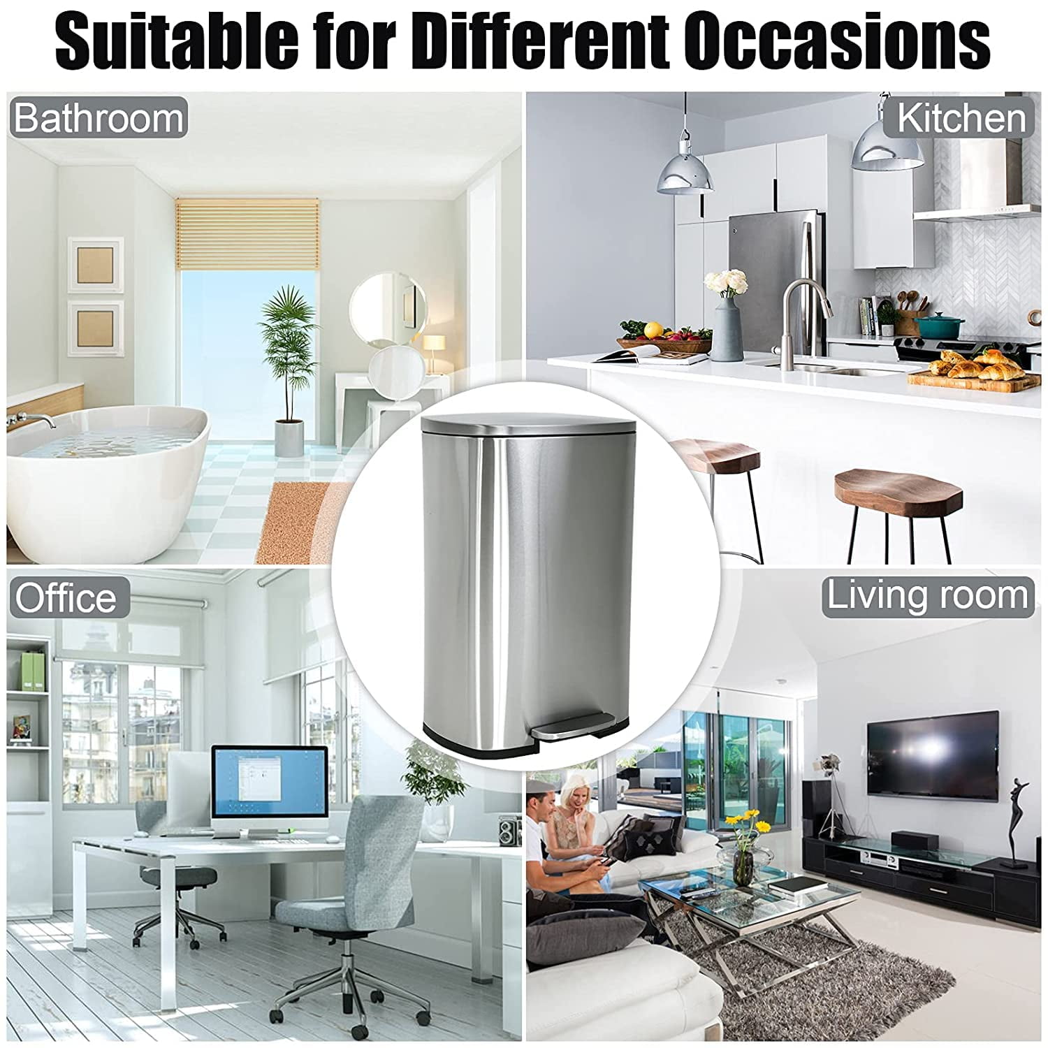 NiamVelo 13 Gallon Kitchen Trash Can with Lid, Metal Step on Trash Can Stainless Steel Trash Can Touchless Garbage Bin for Office Bedroom Bathroom , Silver