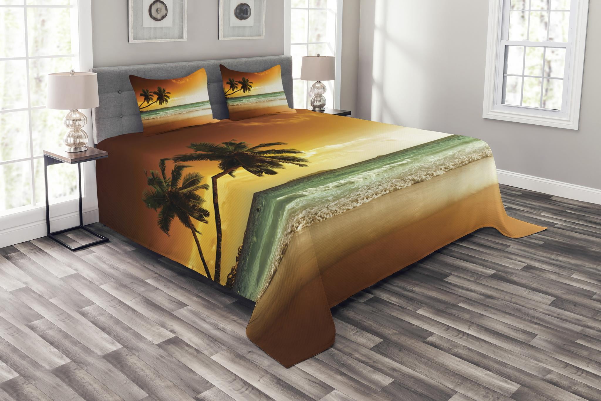 Tropical Bedspread Set King Size, Palm Trees over Wavy Ocean Sandy
