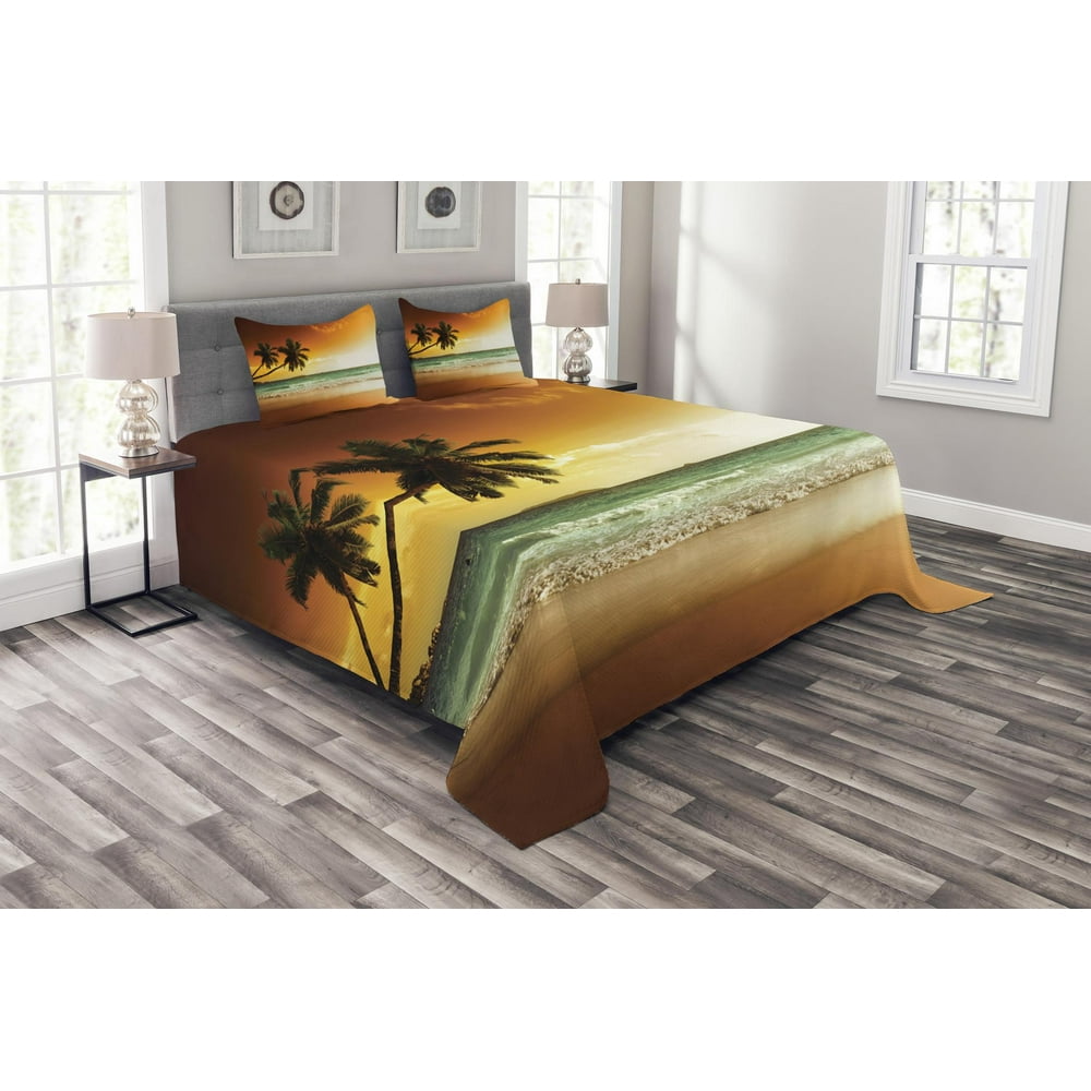Tropical Bedspread Set King Size, Palm Trees over Wavy Ocean Sandy
