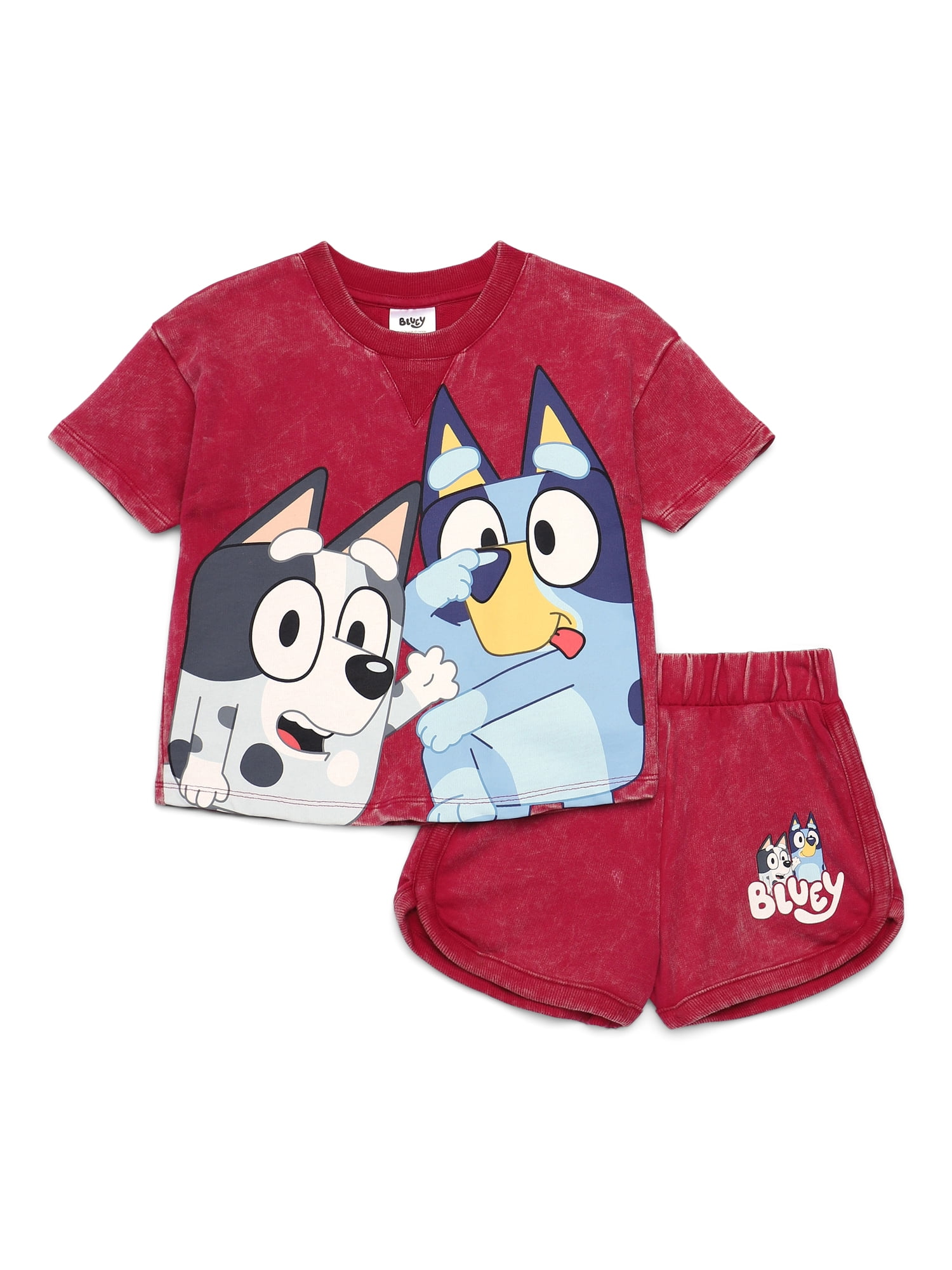 Bluey Toddler Girls Washed Crewneck Graphic Top and Shorts Set, 2-Piece, Sizes 12M-5T