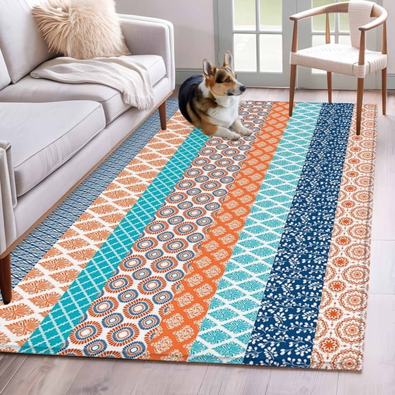 Teal Orange Striped Area Rug 3x5 FT, Non Slip Entryway Bedside Carpet, Boho Modern Geometric Abstract Art Washable Soft Floor Carpet Indoor Mat Non-Shedding Throw Rug for Dorm Kitchen Home Office