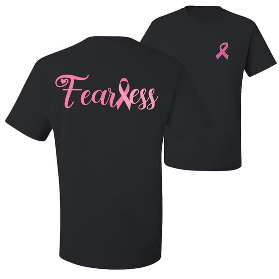 Wild Bobby Breast Cancer Awareness Fearless Pink Ribbon Support Warrior Women Front and Back Unisex Tee , Black, Large