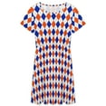 thumbnail image 3 of Orange And Blue Traditional Argyle All Over Print Short Sleeve Dress Women Summer Evening Dresses Ladies Sundress, 3 of 7