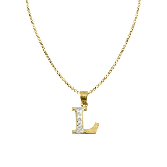Genuine 14k Two-tone Gold 0.59" Diamond-cut Initial Letter L Necklace 16", 18", 20", 22" Trendy Charm Initial Necklaces for Women