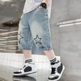 thumbnail image 2 of mgoYE Boy Star Patchwork Denim Shorts Mid Rise Casual Loose Summer Streetwear Baggy Jeans Jorts(Blue,5-6 Years), 2 of 6