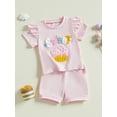 thumbnail image 5 of Toddler Baby Girls Summer Outfit 6 12 18 24 Months 2T 3T Colorful Letter Embroidery Ruffles Short Sleeve T-Shirt and Elastic Shorts Set Cute Clothes, 5 of 9