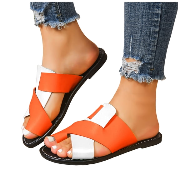 Flip Flops for Women Color Block Strappy Flat Sandals Lightweight Casual Slip on Summer Beach Shoes Orange Size 7.5