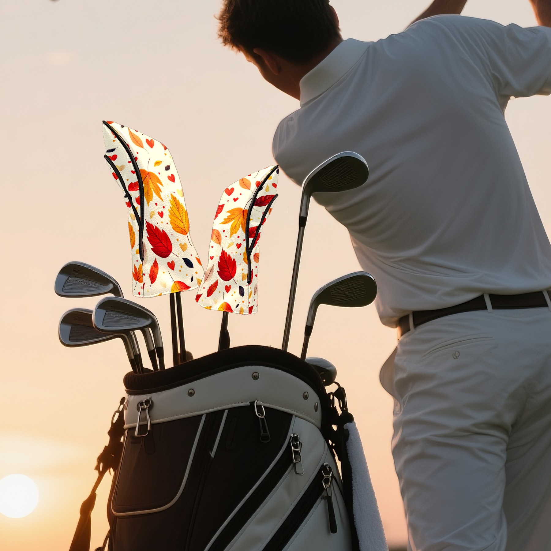 Golf Head Covers Maple Leaf Pattern for Driver, Wood & Hybrid, Premium Waterproof PU Leather with Plush Lining, Autumn Themed Golf Gifts