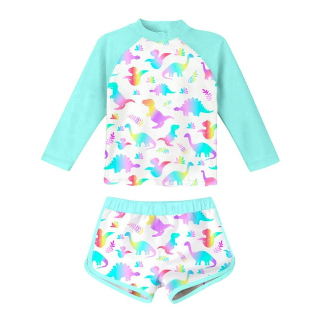 hengsof Girls Rash Guard Two Pieces Swimsuit Long Sleeve Round Neck Bathing Suit Cute Graphic Print Beach Swimwear