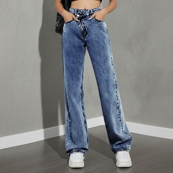 Hulanddfd Women's Pants Solid Color Straight Button Zipper Cargo Jeans with Multi-Pocket Dark Blue Size L