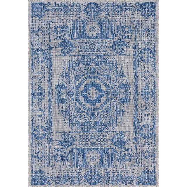 Unique Loom Traditional Collection Distressed Vintage Medallion Transitional Indoor and Outdoor Flatweave Area Rug, 7 x 10 Feet, Blue/Ivory