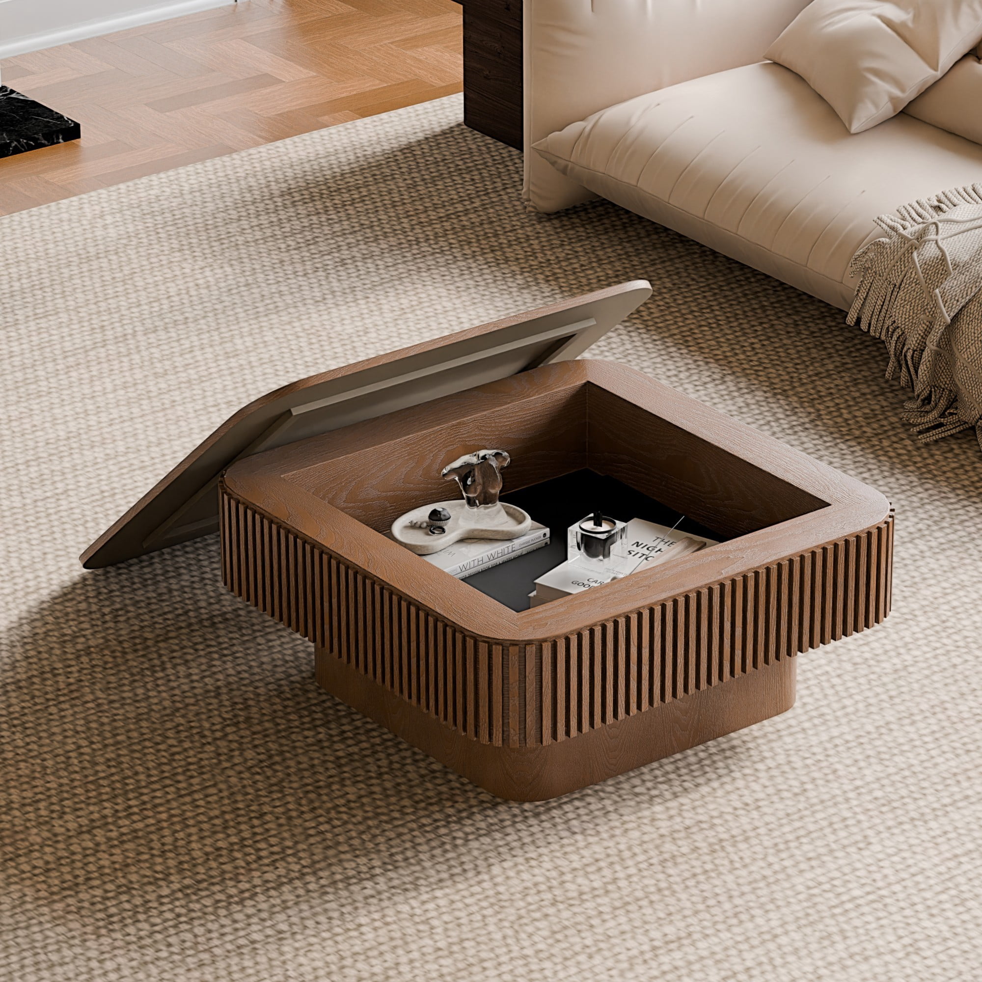 31.5" Square Coffee Table with Storage, Modern Fluted Coffee Table with Hidden Compartment, Wood Veneer Center Table for Living Room, Walnut