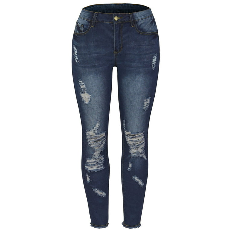 RYRJJ Women's Skinny Stretch Ripped Boyfriend Jeans High Waisted Distressed Destroyed  Raw Hem Slim Denim Pants(01#Dark Blue,XL) 