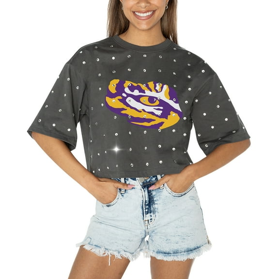 Women's Gameday Couture Gray LSU Tigers Go Time Rhinestone Crop T-Shirt