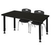 Kee 48" x 24" Height Adjustable Classroom Table - Mocha Walnut & 2 Andy 12-in Stack Chairs- Black