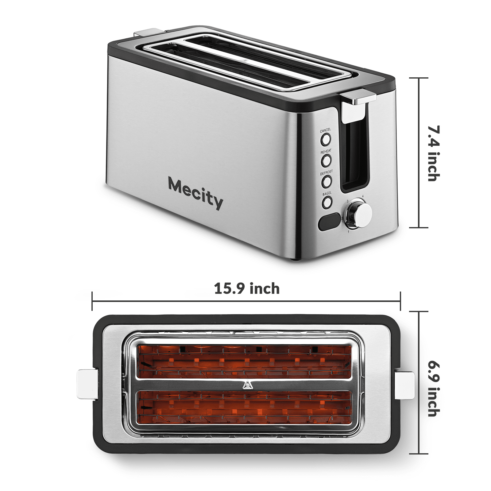 Mecity 4-Slice Stainless Steel Toaster with Digital Countdown Timer & Warming Rack, 1300W, Silver