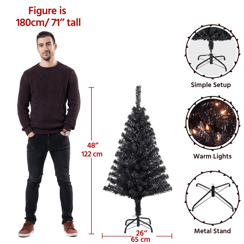 Alden Design 4Ft Pre Lit Fir Artificial Christmas Tree with Foldable Stand, Black