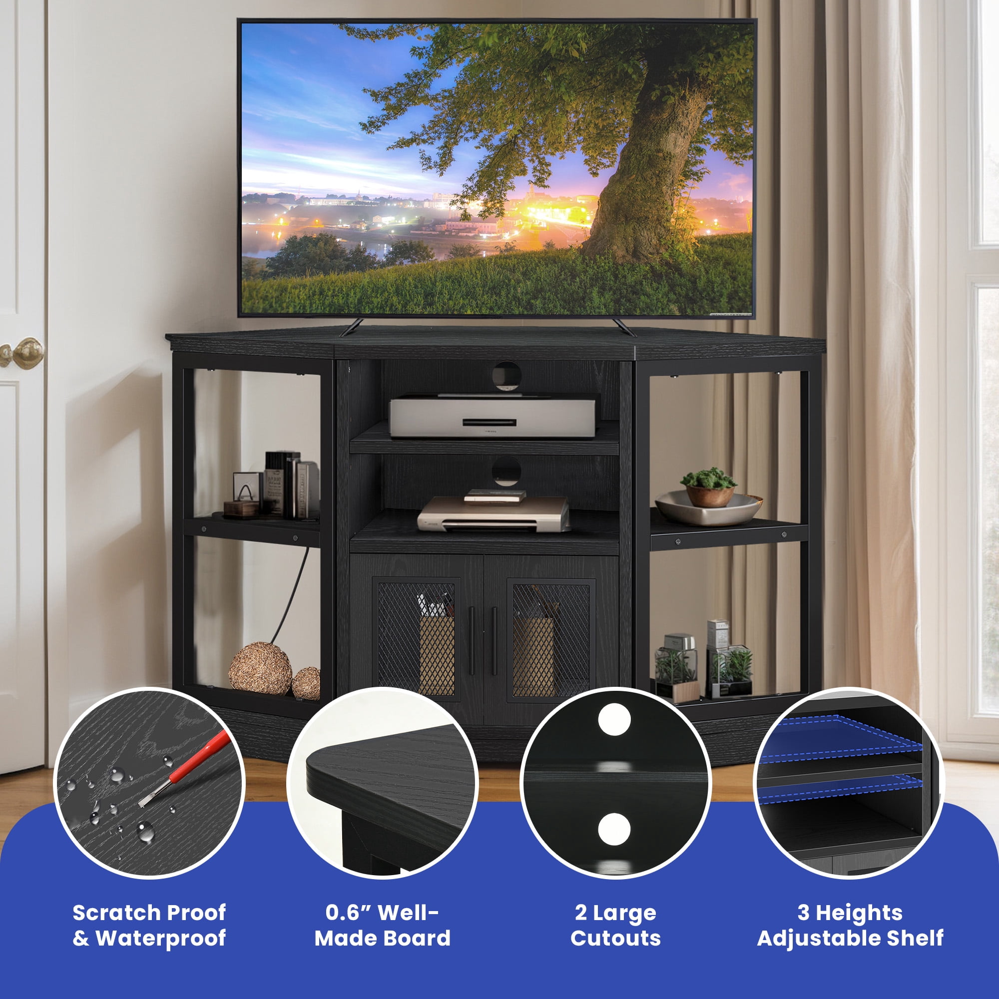 Wooflex Black Entertainment Center, 55" TV, Modern Farmhouse, Adjustable Shelves, Freestanding