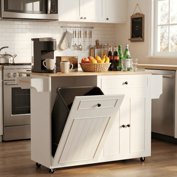 Rolling Kitchen Storage Island with Trash Can Bin Storage, Kitchen Cart with Power Outlet & Drop Leaf for Small Space