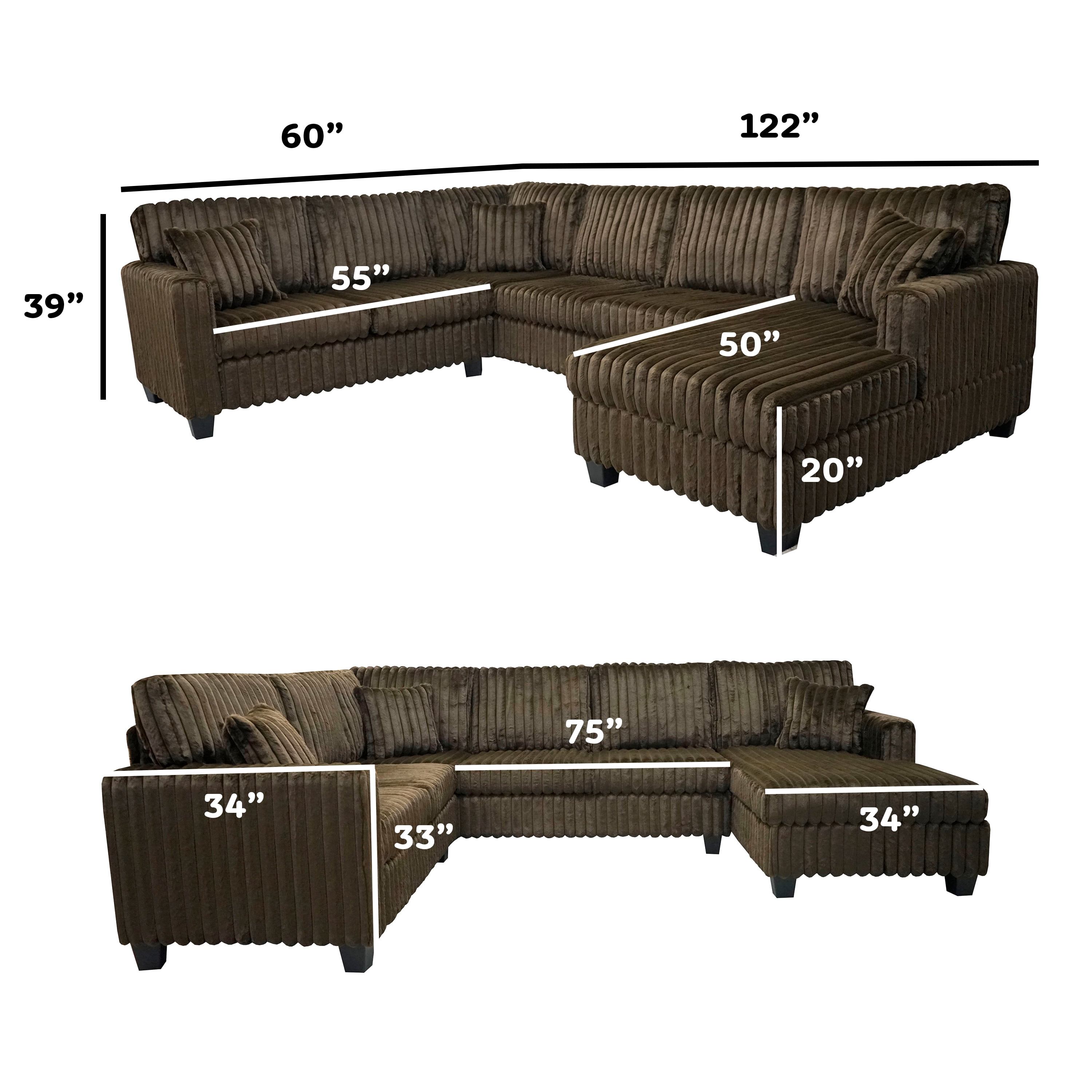 Bentley Plush Soft 6-Person U-Shaped Sectional Sofa with Chaise, Coffee