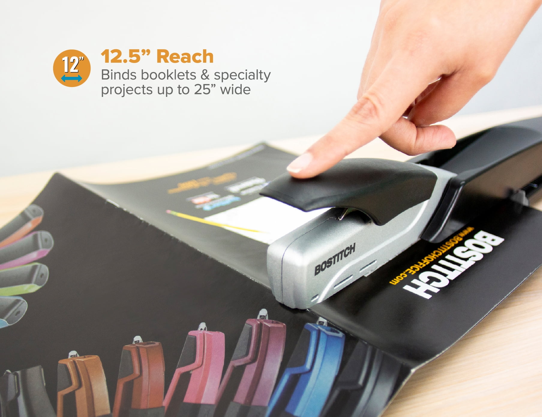 Bostitch 12.5" Long Reach® Stapler, 25-Sheet Capacity, Black/Silver