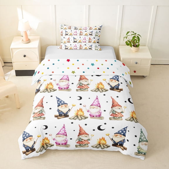 Homewish Cute Gnome Twin Duvet Cover For Kids,Kawaii Cartoon Themed Twin Bedding,White,Polkadot Reversible,2 Pieces,1 Duvet Cover and 1 Pillowcase