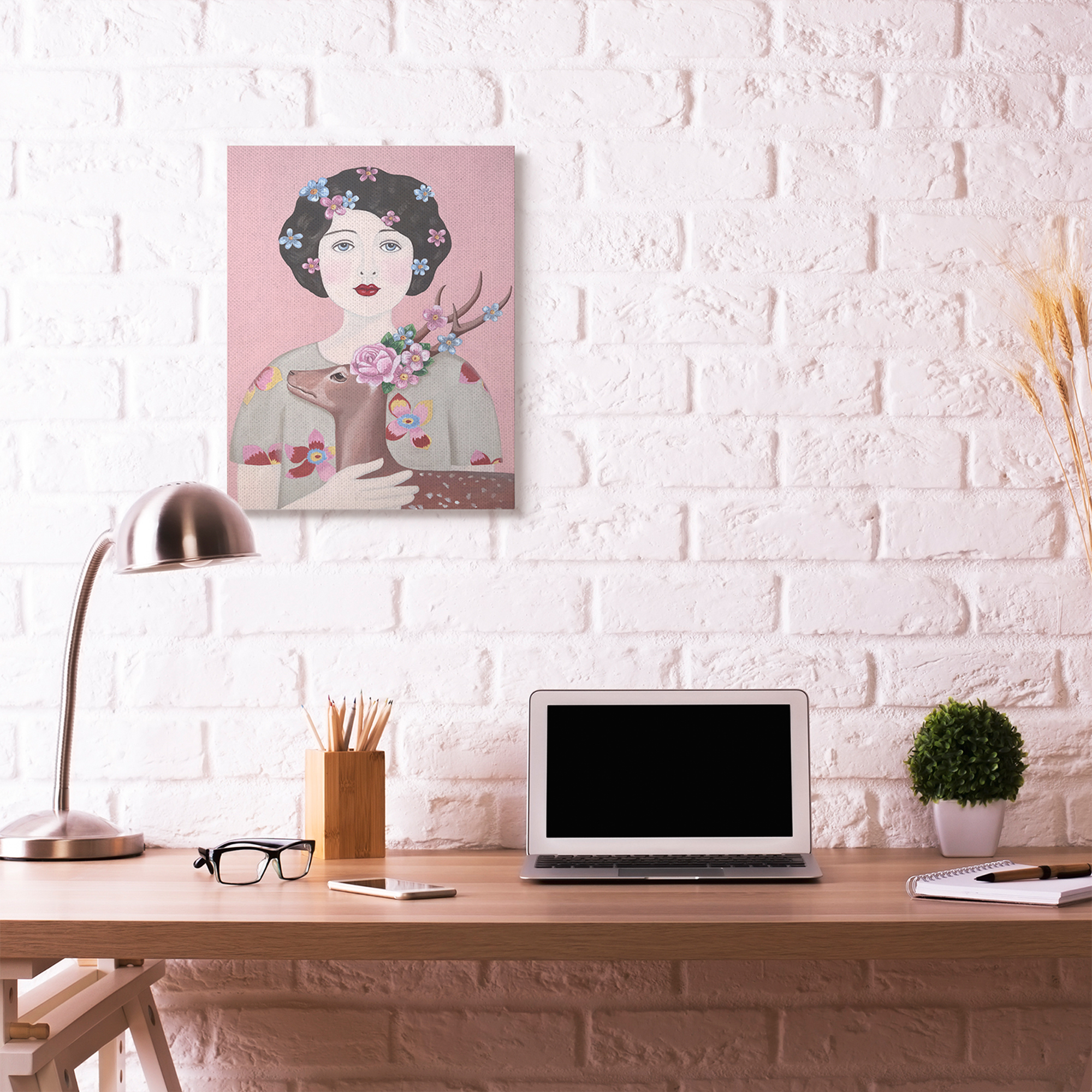 Stupell Home Décor Woman and Deer Pink Animal Painting Canvas Wall Art by Sally B