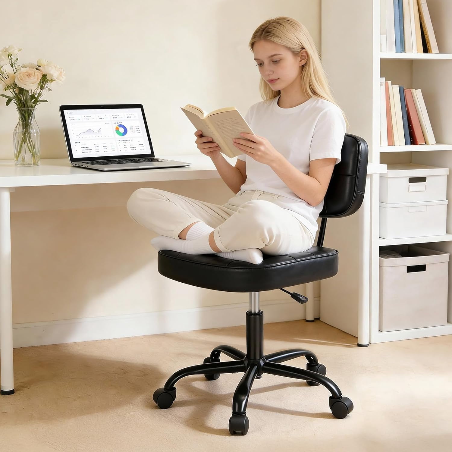 Armless Vanity Chair for Makeup Room, Small Desk Chair with Tufted PU Leather, Adjustable Height Rolling Computer Chair for Home Office & Dorm, Black
