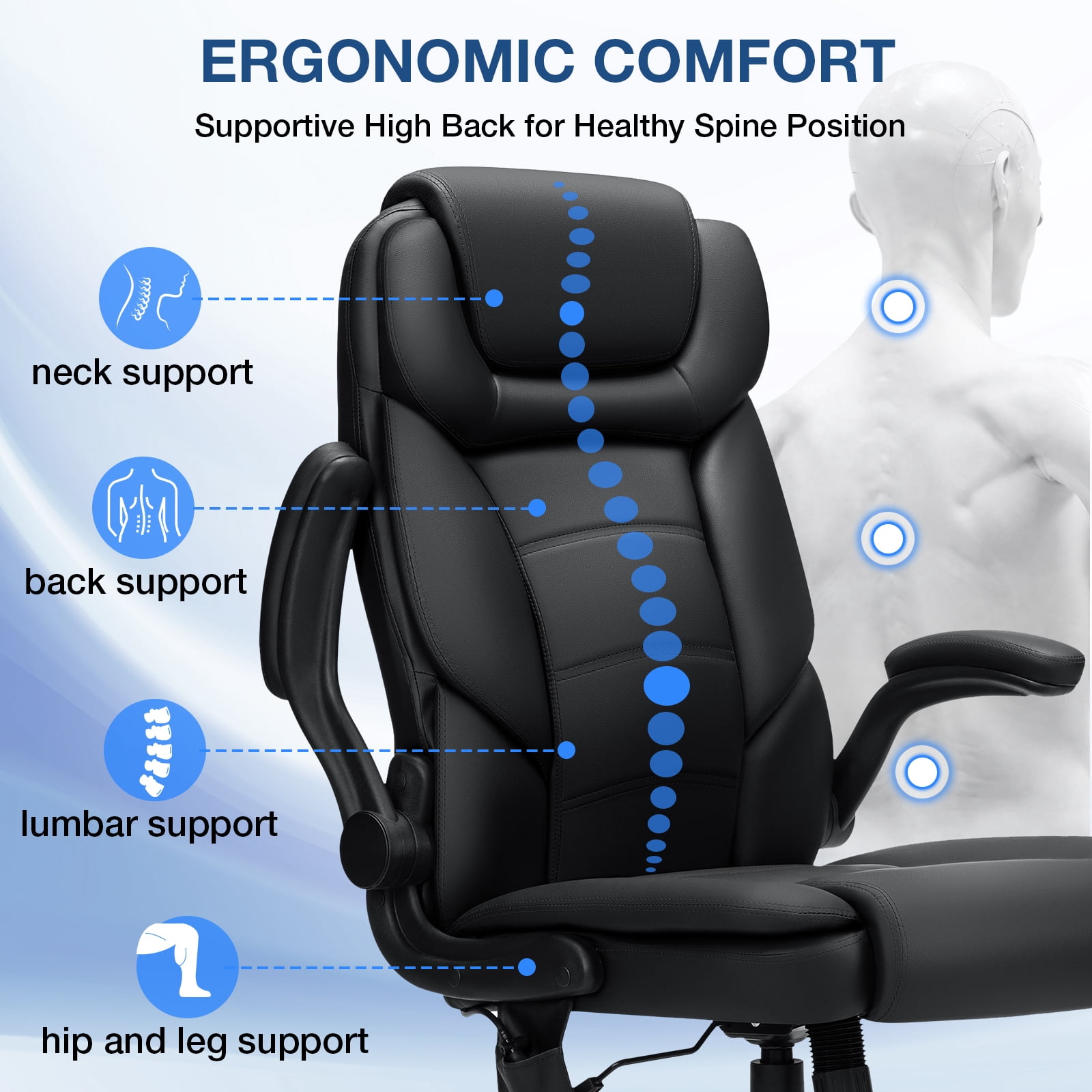 Hoffree Big and Tall Office Chair, 500LBS Executive Desk Chair with Adjustable Lumbar Support Ergonomic Computer Leather Chair with Padded Flip up Arms and Spring Cushion for Home Office