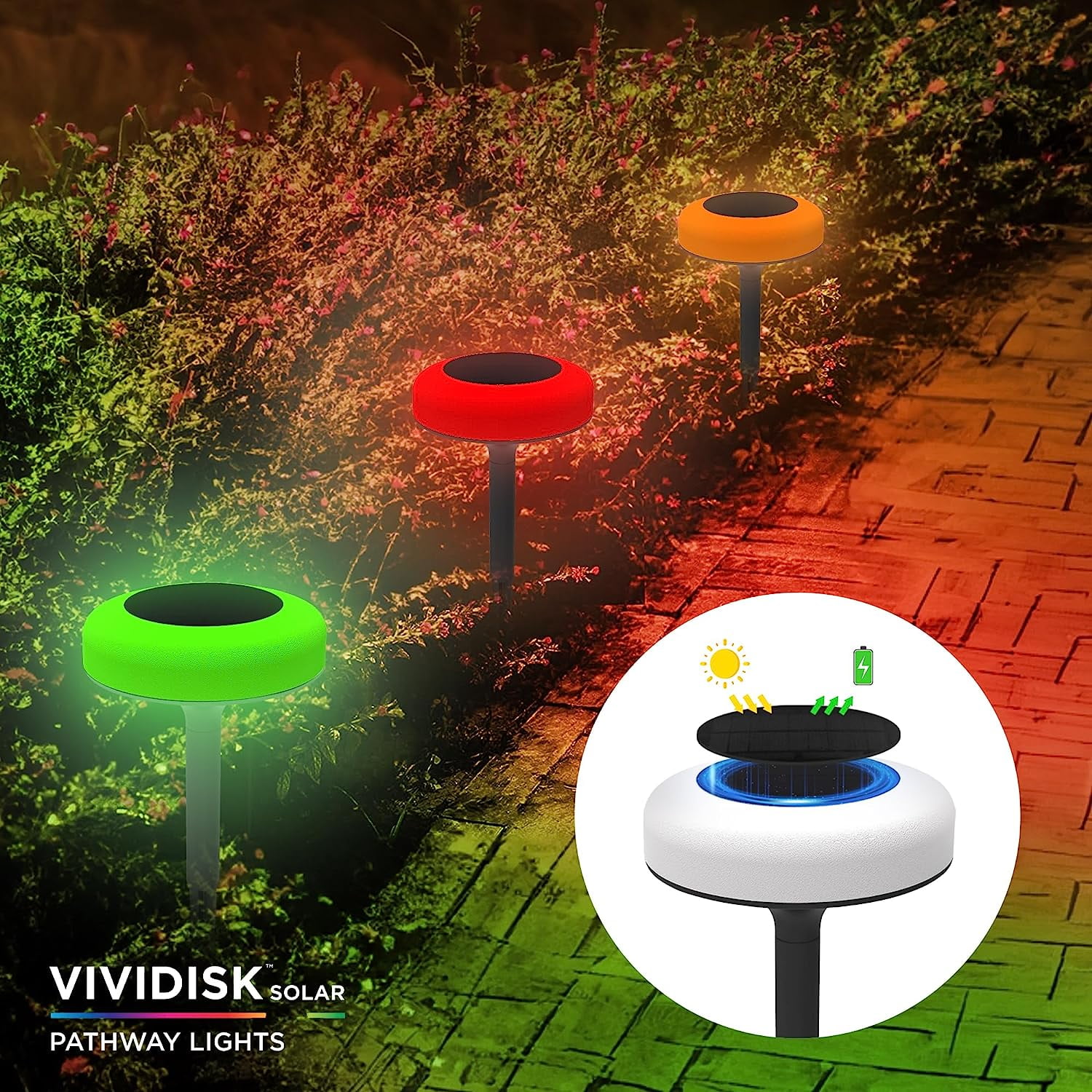 Bell and Howell Color Disk Lights Solar Pathway LED Lights Auto On/Off Solar Outdoor Lights