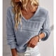 thumbnail image 3 of Suéter de punto holgado de manga larga con cuello en V para mujer, color azul, talla L, elegante blusa calada para otoño e invierno, 3 of 6