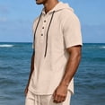 thumbnail image 2 of Hearthz Men’s Linen Blend Hooded Henley Shirts Drawstring Button Short Sleeve Shirt for Men Summer Beach Mens Workout Shirts, 2 of 7
