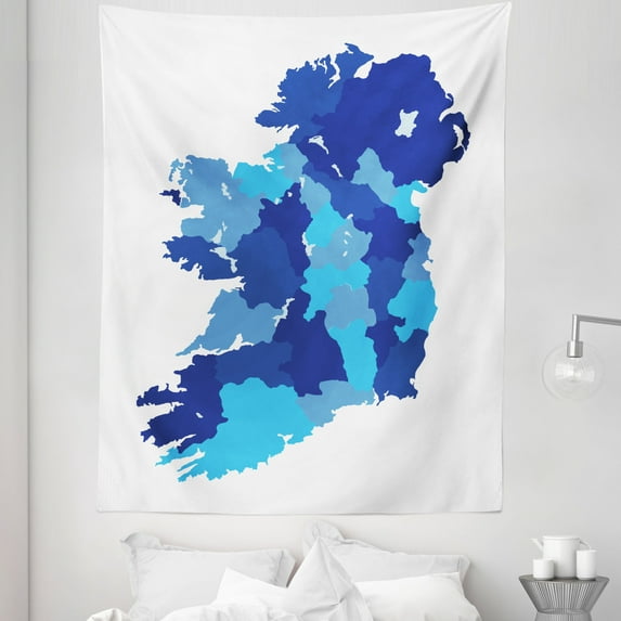 Ireland Map Tapestry, Monochrome Interpretation of Country Map Informational Image, Fabric Wall Hanging Decor for Bedroom Living Room Dorm, 5 Sizes, White Blue and Dark Blue, by Ambesonne