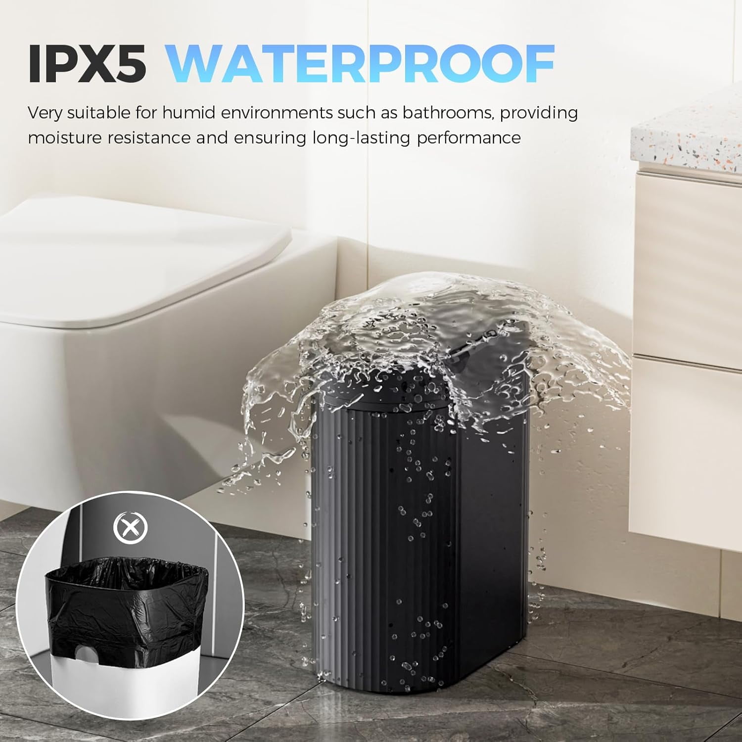 2 Pack 5 Gallon Bathroom Trash Can with Lid, Automatic Motion Sensor Black Trash Can, Touchless Slim Waterproof Garbage Bin for Kitchen, Bedroom, Office, and Bathroom