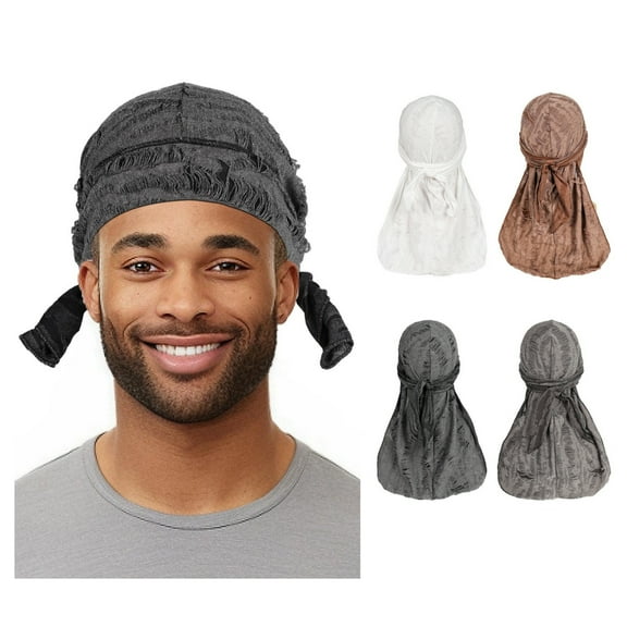 4 Pieces Durag Hat for Men, Silk Satin Long Tail Pirate Wave Cap Broken Feather Turban Headwear