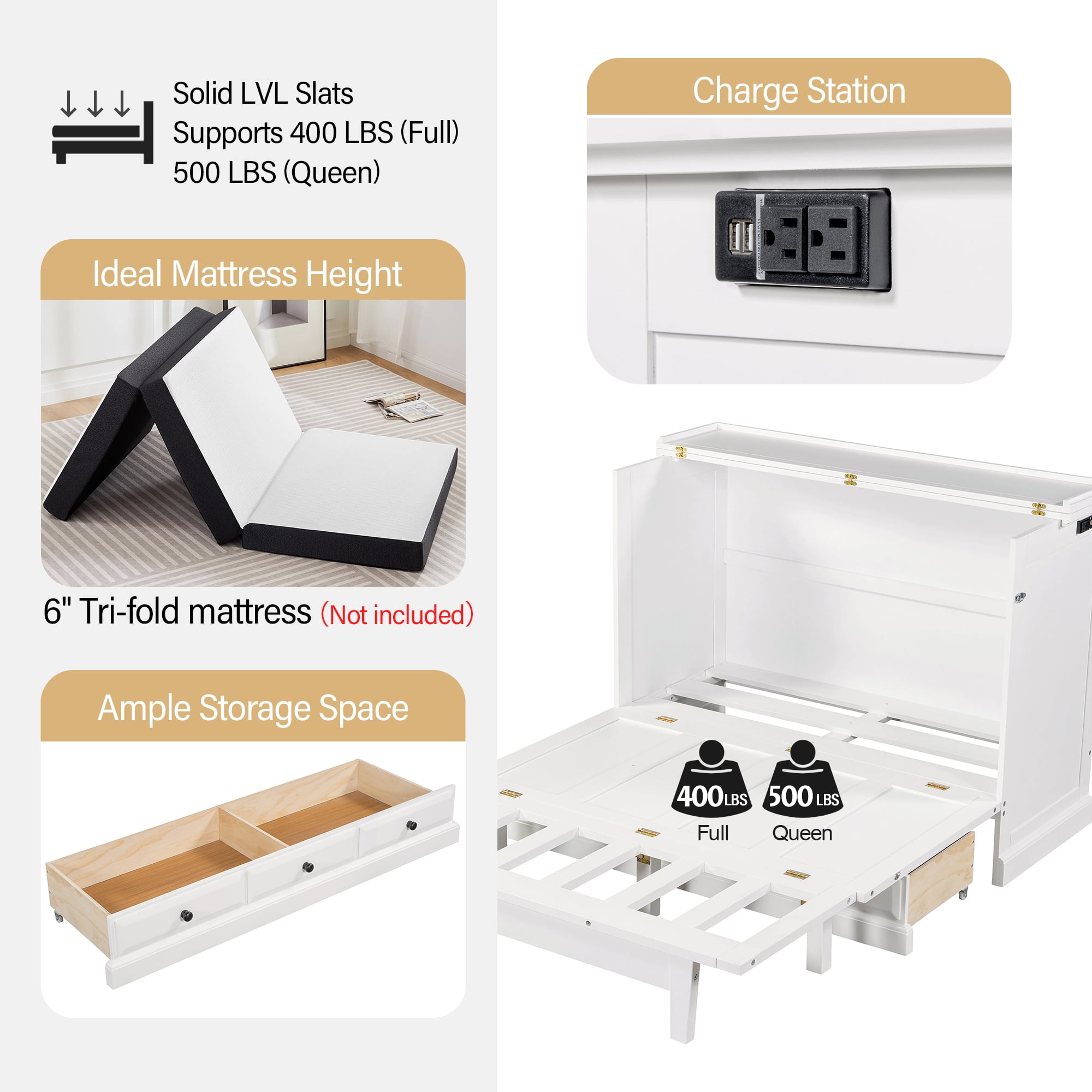 Euroco Wood Queen Murphy Bed with Drawers and USB Charging Station,Convertible for Adults,White