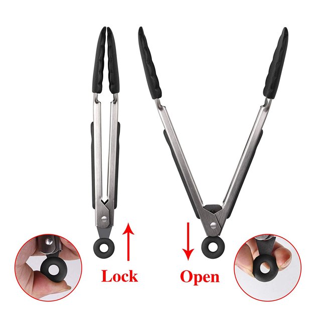 Juego de 3-7, 9, 12 pulgadas, resistentes, antiadherentes, pinzas de cocina de silicona de acero inoxidable (paquete de 3, negro) Vhermosa SNFLD1468