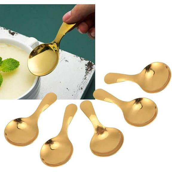 HWHCGZ 5 Pcs Mini Scoop for Canisters,Stainless Steel Short Handle Spoon Salt Spoons Condiments Spoon Dessert Spoon,Mini Spoons Candy Scoops Gold