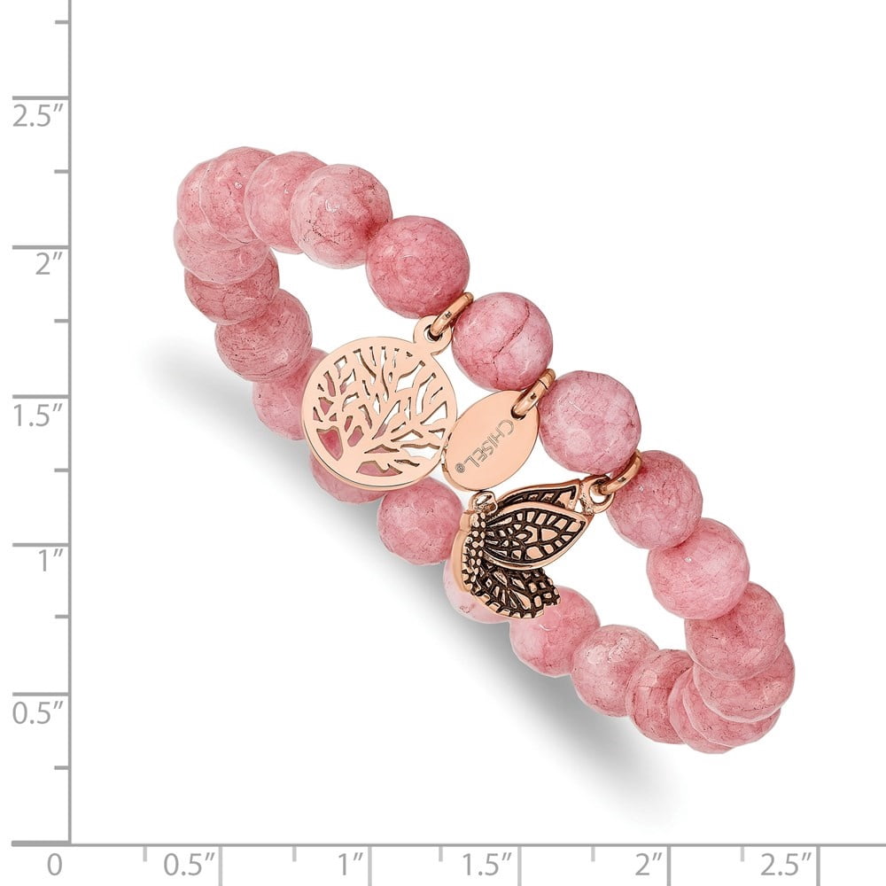 Diamond2Deal Stainless Steel IP-Plated Butterfly and Tree of Life 8mm Pink Dyed Jade Beaded Stretch Bracelet for Women 6"