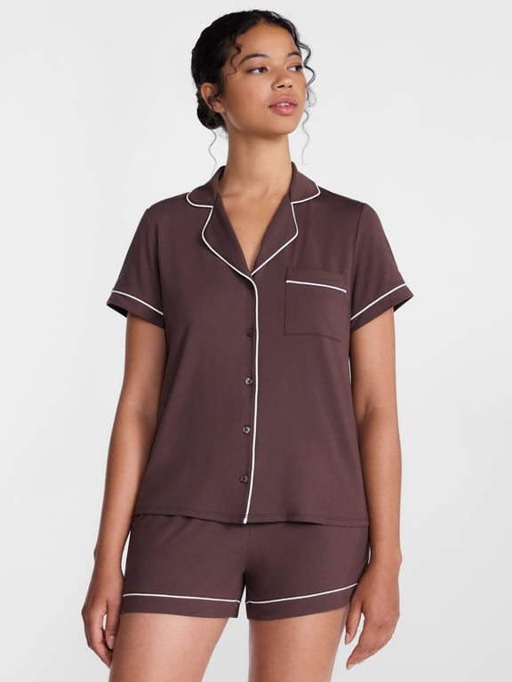Womens Dreamy Soft Collection Notch Collar Knit Top and Boxer Shorts, 2-Piece Pajama Set, Sizes XS-3X