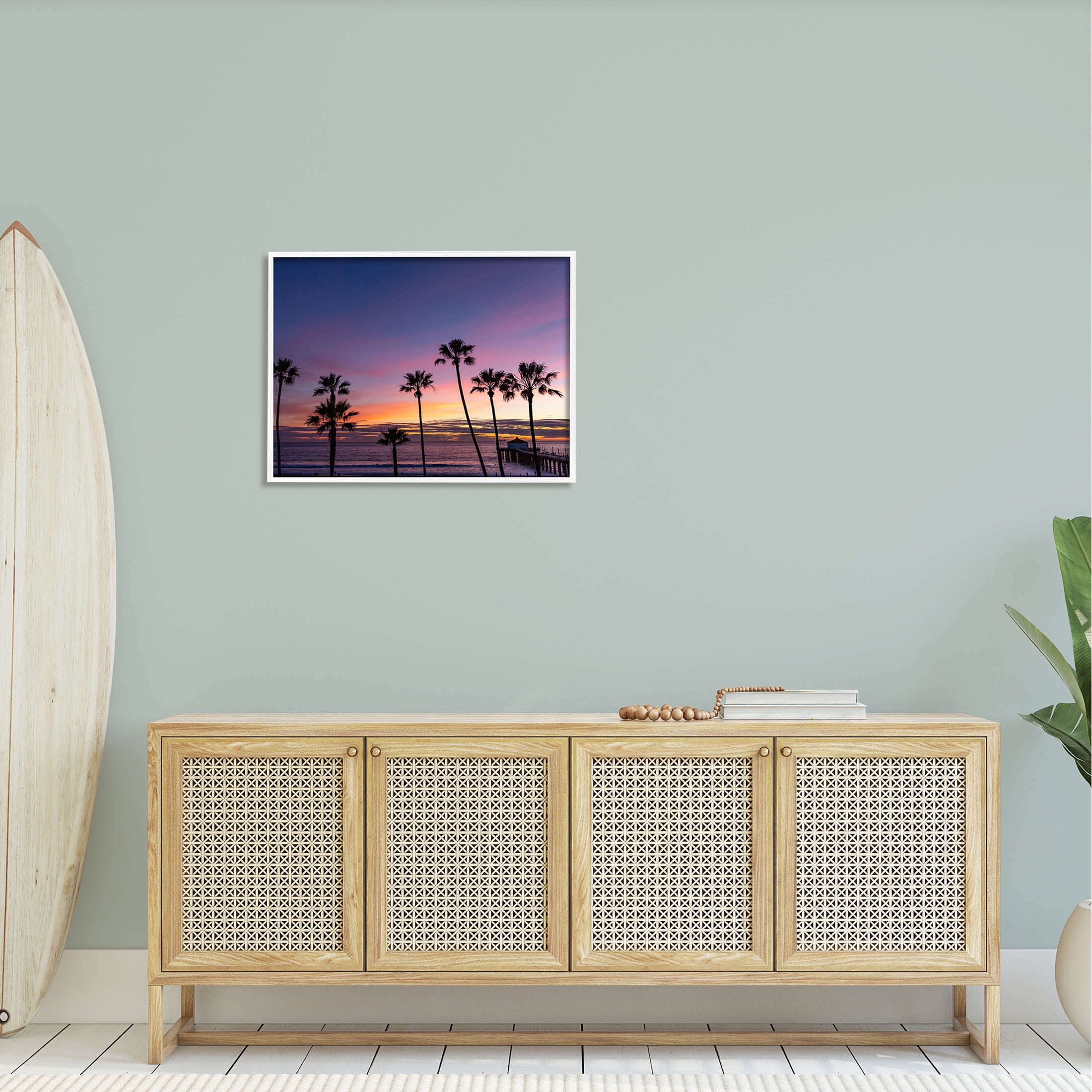 Vivid Sunset Palm Trees Horizon Coastal Photograph White Framed Art Print Wall Art