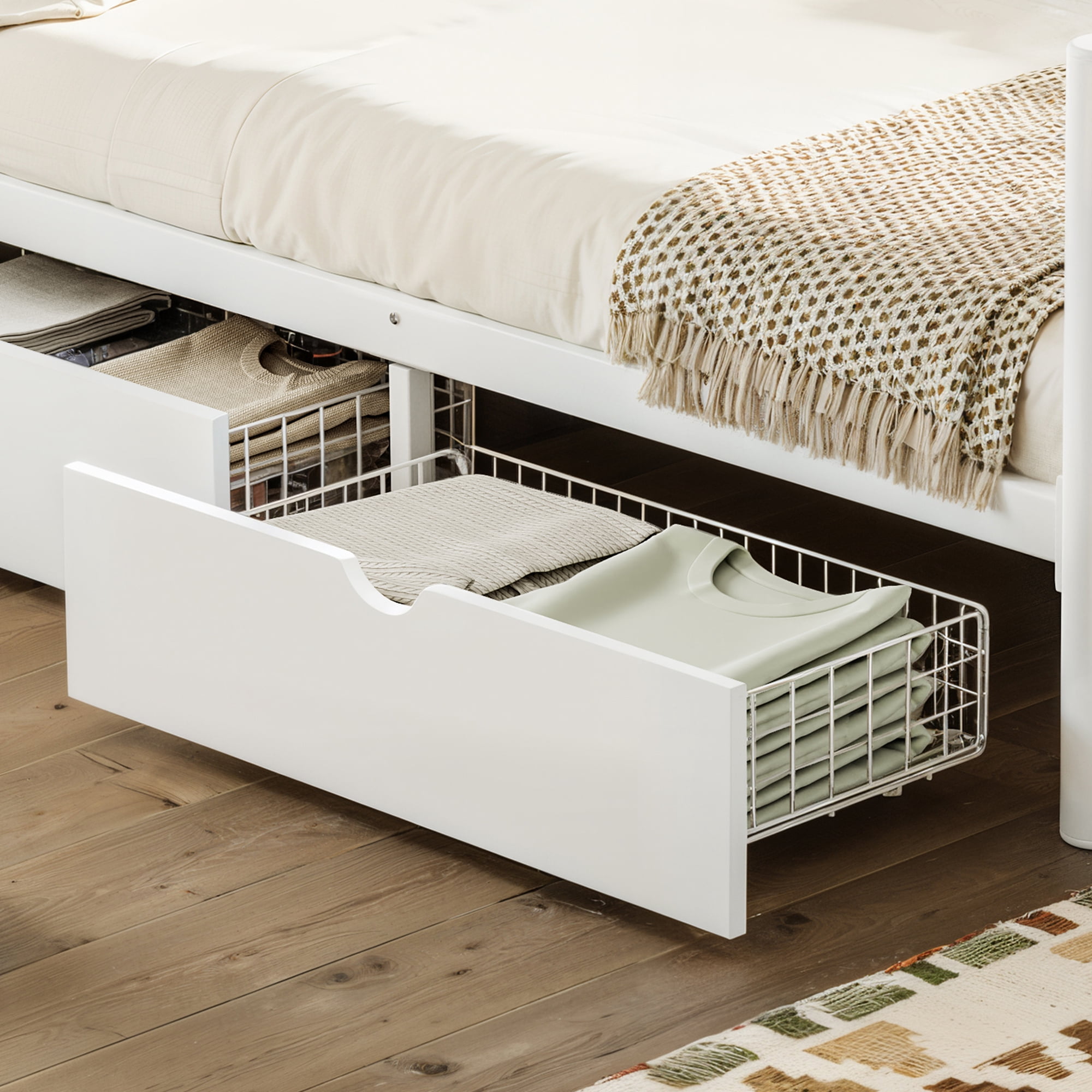 Leumius Full Size Platform Bed Frame with Storage Drawers, Metal Daybed Frame with Upgraded Safety Round-Pipe Design, Low Profile Design for Teens Adults White