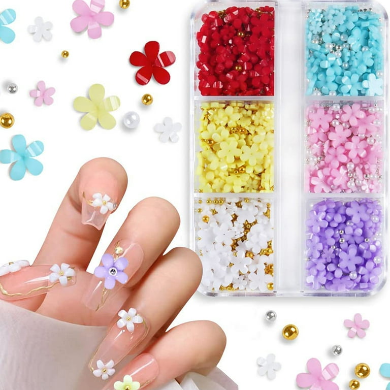 XEAOHESY 2 Boxes 3D Flower Nail Art Charms 500pcs White Flowers Nail  Rhinestones Kit 3D Crystal Nail Pearls Flat Design Acrylic Nail Art Studs