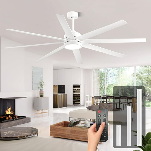 Modern Ceiling Fans with Lights, 72 Inch Ceiling Fan with Remote for Bedroom Living Room Kitchen Library Cafe Outdoor/Industrial Use, 3CCT Dimmable, 8 Blades 6 Speed Reversible Quiet DC Motor, White