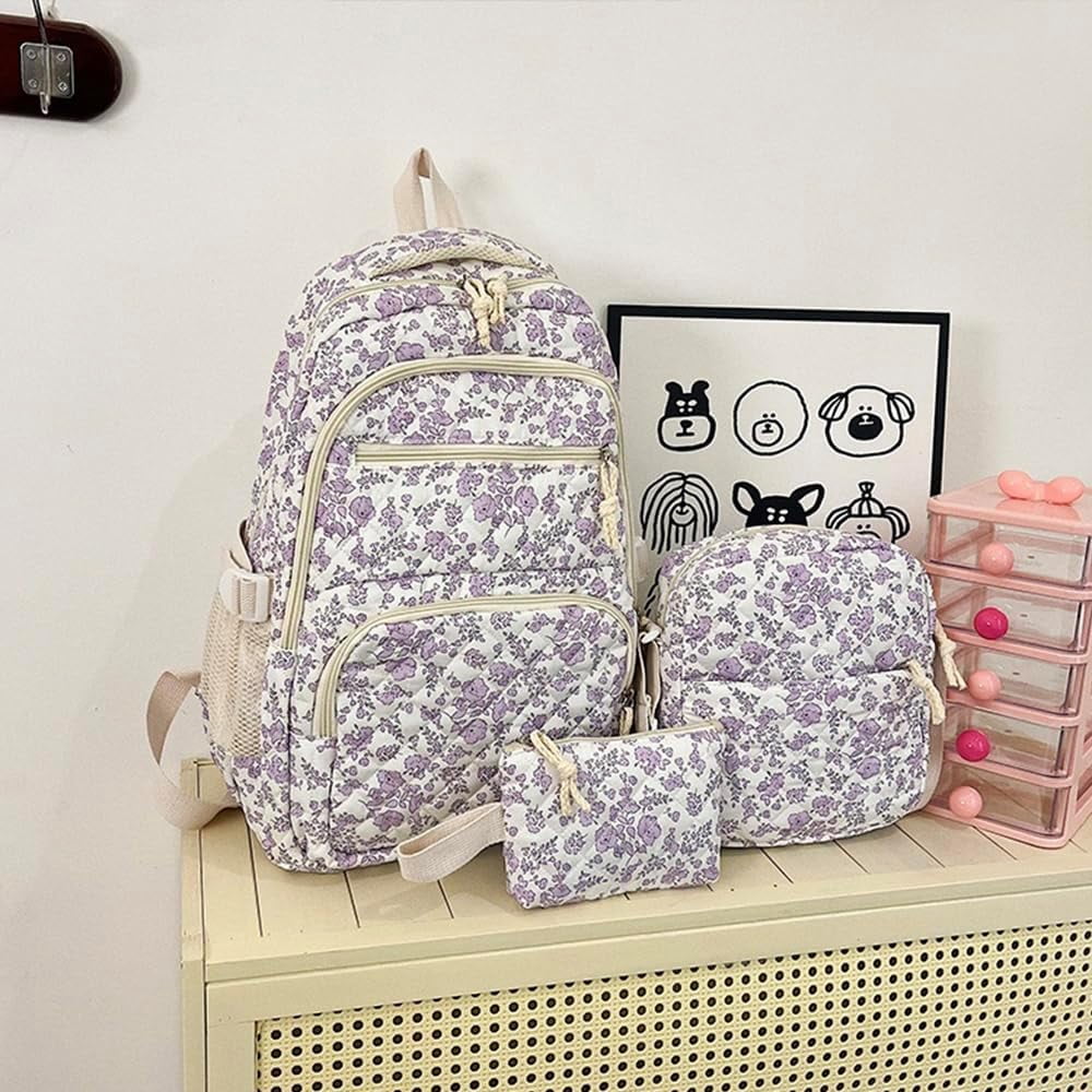 This 3-piece backpack set comes with a cute floral quilted backpack, a medium-sized messenger bag and a small travel storage bag for ladies, presenting a simple and comfortable look