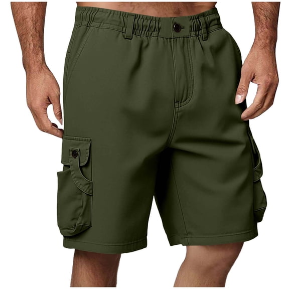 Mens Cargo Shorts Solid Color Button Zipper Elastic Waist Baggy Cozy Soft Knee Length Workout Pants with Pockets Summer M-3XL